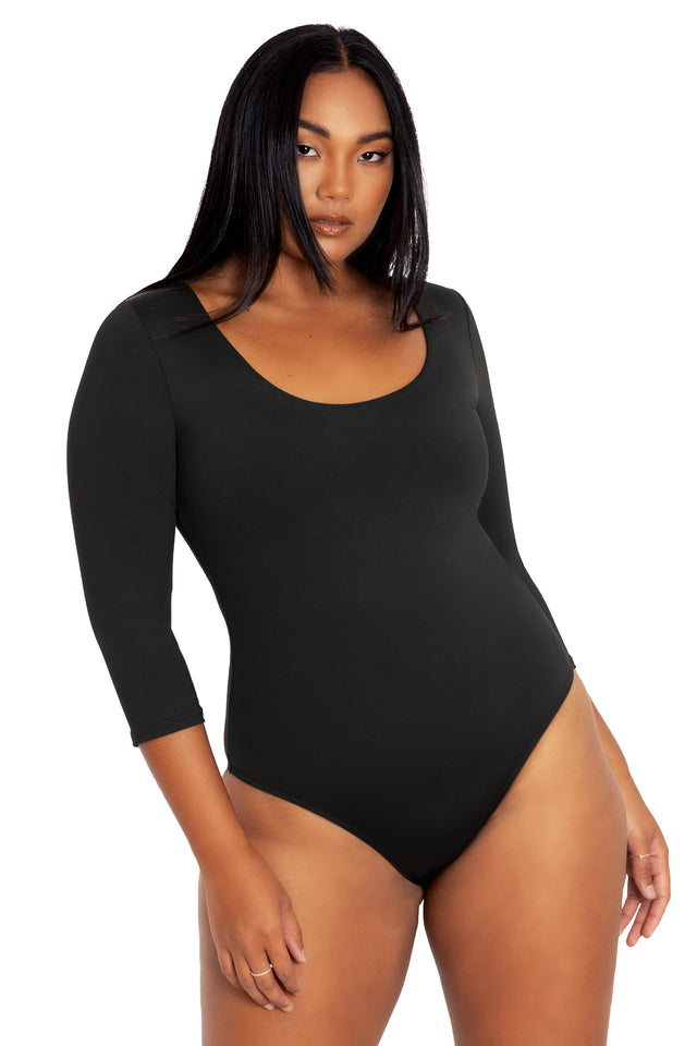 BlackMilk Clothing - Black Matte Three Quarter Sleeve Bodysuit
