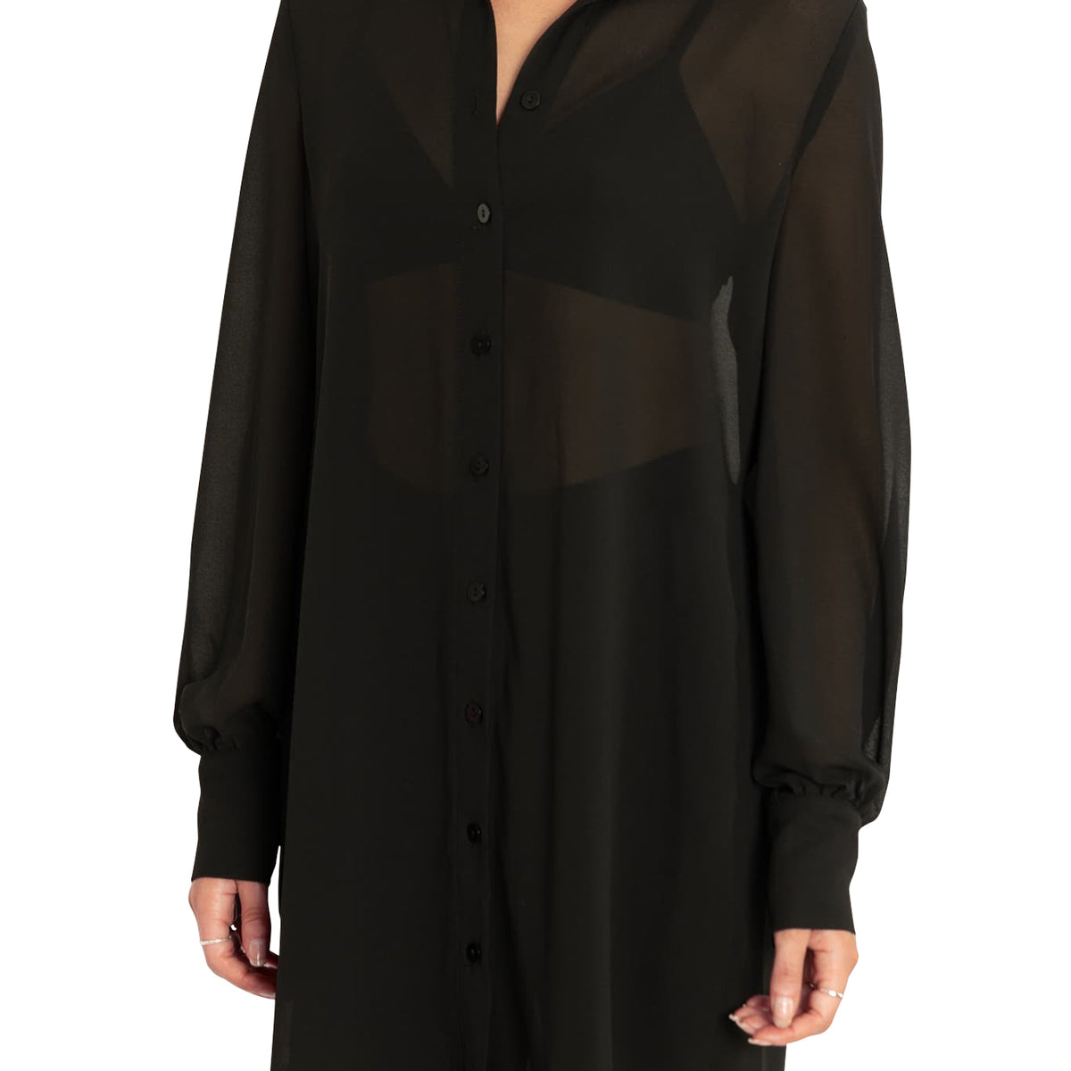 Black Sheer Long Sleeve Oversized Shirt Dress Black Sheer Long Sleeve Oversized Shirt Dress
