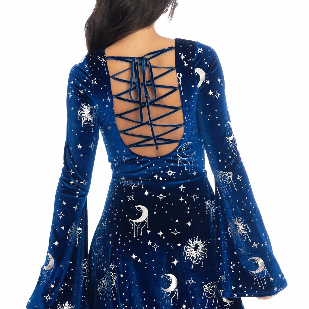 Celestial Chandelier Velvet Flare Sleeve Lace Back Dress - Limited BlackMilk Clothing Celestial Chandelier Velvet Flare Sleeve Lace Back Dress - Limited BlackMilk Clothing