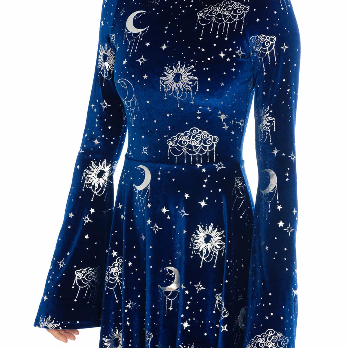 Celestial Chandelier Velvet Flare Sleeve Lace Back Dress