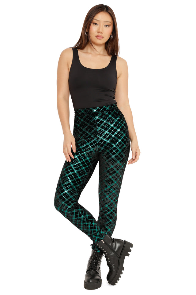 green foil cuffed pants with metallic check design