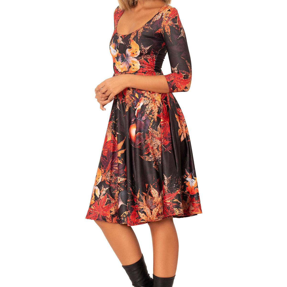 Cheeky Kitsune 3/4 Sleeve Scoop Midi Dress