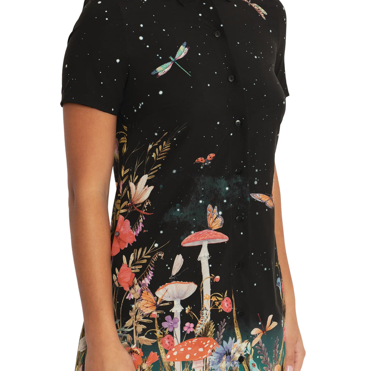 BlackMilk | Fairytale Floral Short Sleeve Shirt Dress | Black | XXL BlackMilk | Fairytale Floral Short Sleeve Shirt Dress | Black | XXL