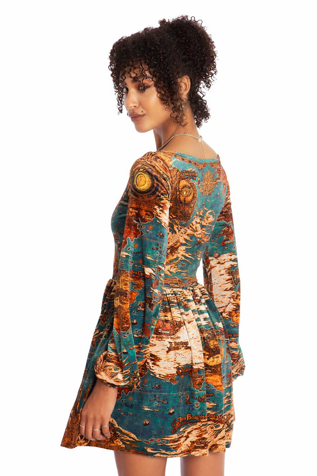 World Map Velvet Squared Up Bishop Skater Dress