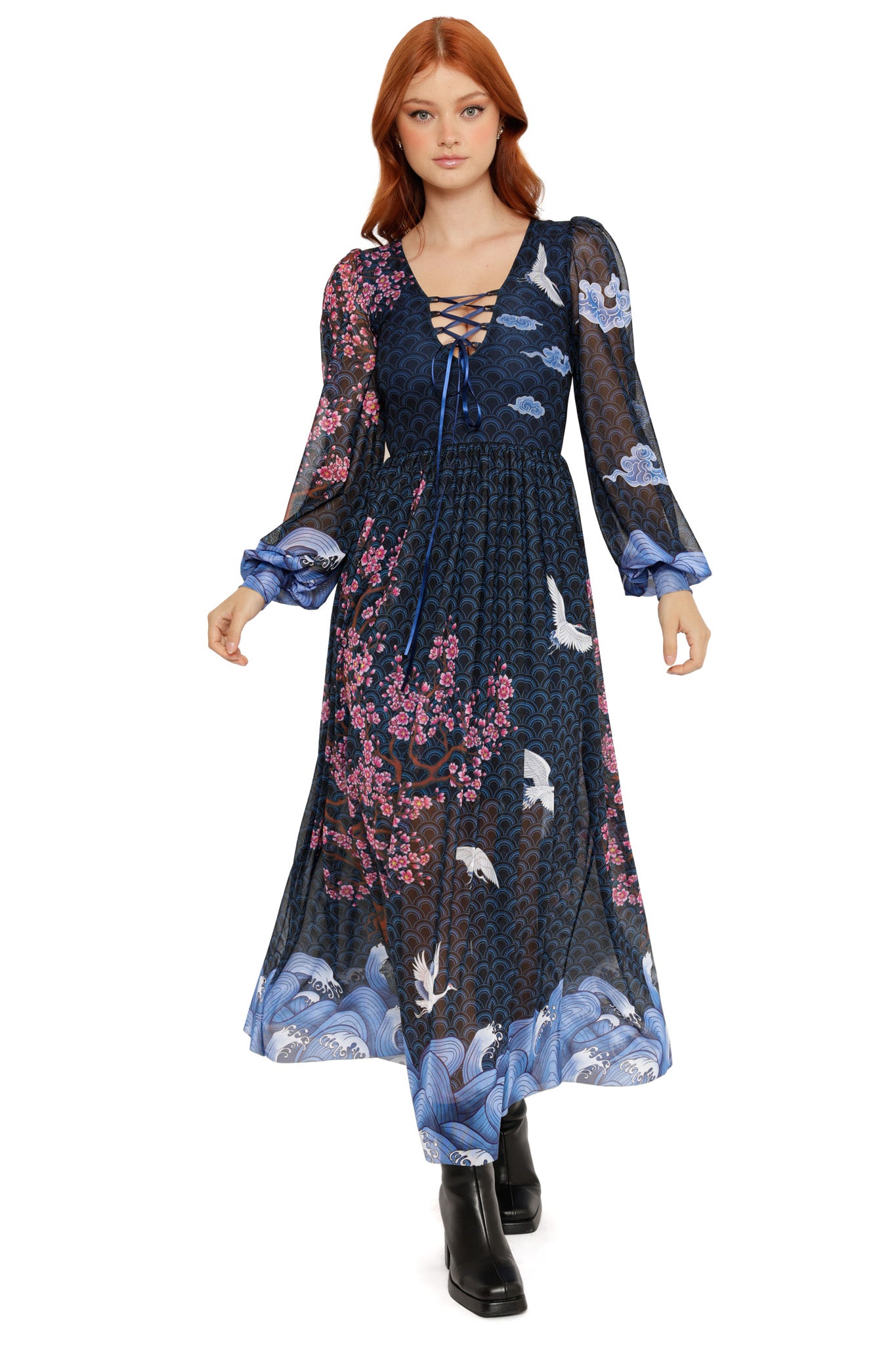 Flight of Tsuru Bishop Sleeve Maxi Dress - Limited – BlackMilk