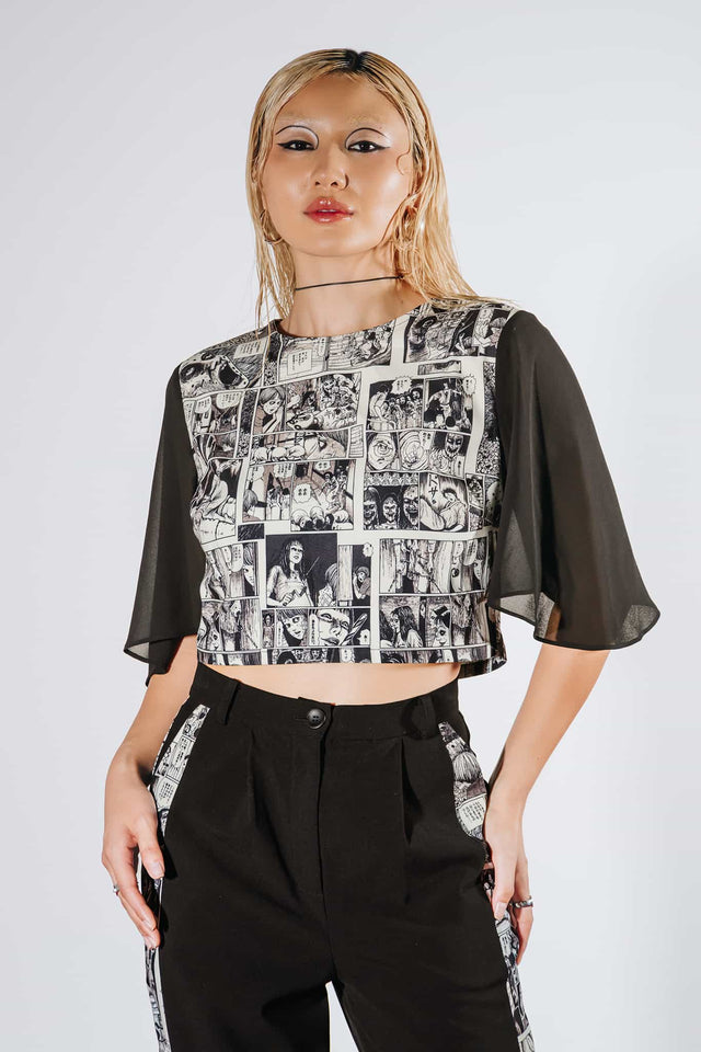 Mosquitoes Sheer Sleeve Crop Top
