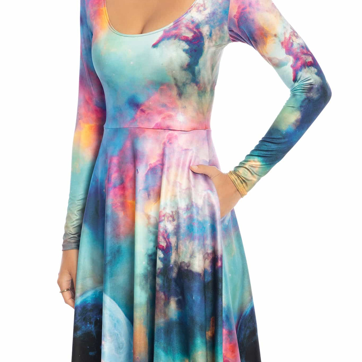 Galaxy Lagoon Long Sleeve Scoop Midi Dress