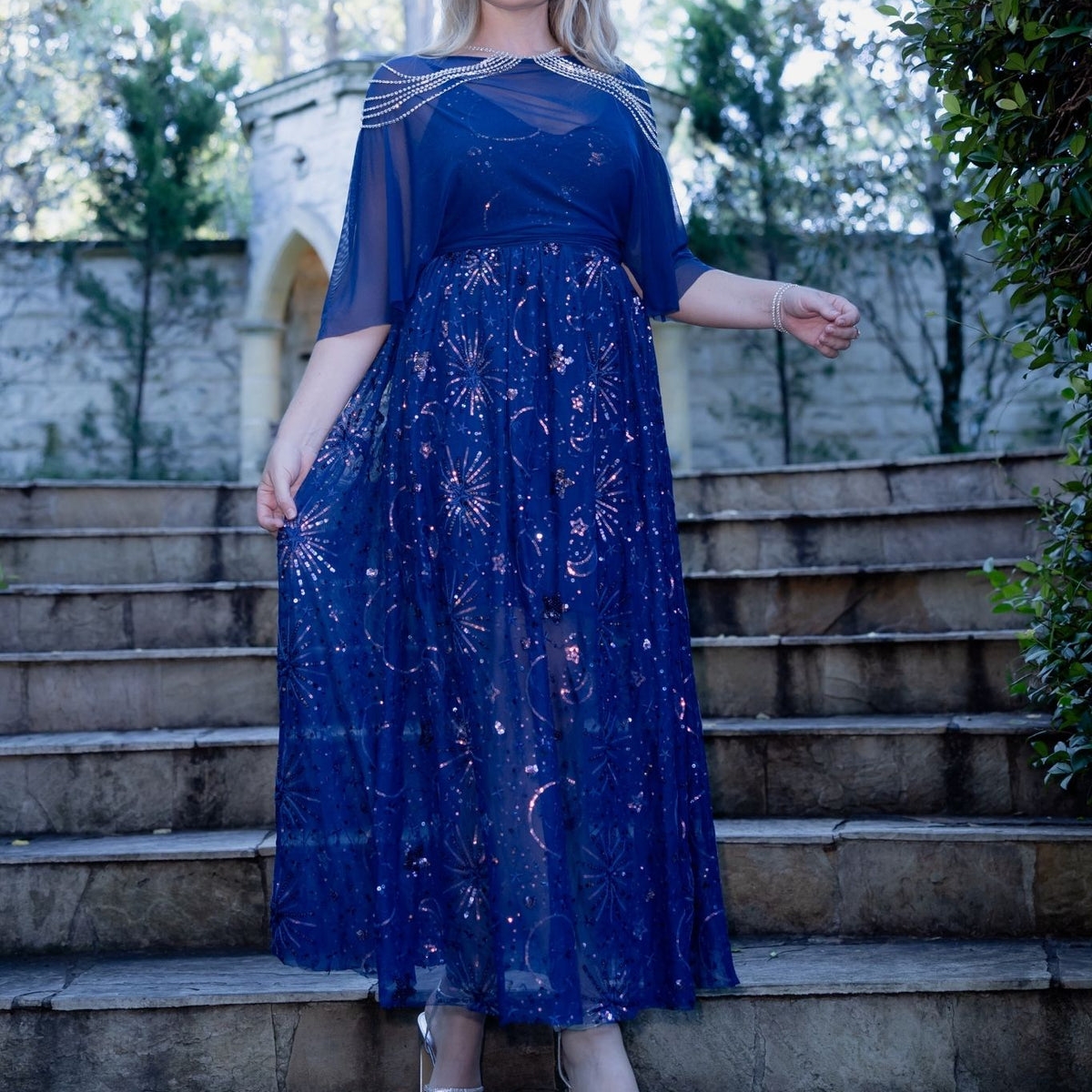 blue sequin star dress Windsor Arina Rhinestone Celestial Mini Dress in Navy Blue