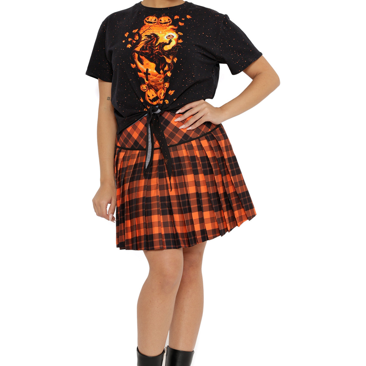 90's Plaid Skirt Halloween Orange Trick-or-Tartan Woven