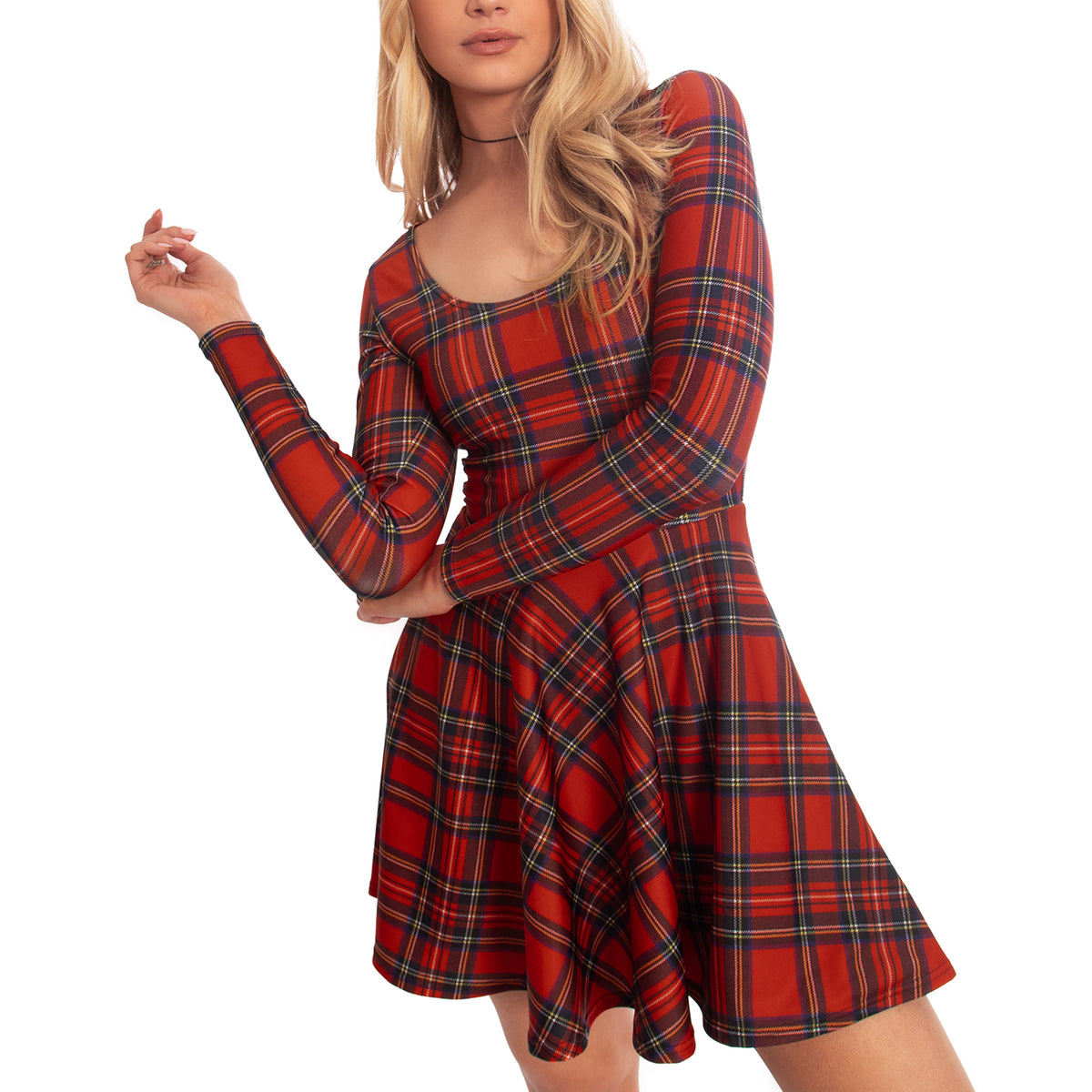 BlackMilk | Junji Ito Clothing | Tartan Red Toastie Long Sleeve Skater Dress | Red | XS BlackMilk | Junji Ito Clothing | Tartan Red Toastie Long Sleeve Skater Dress | Red | XS