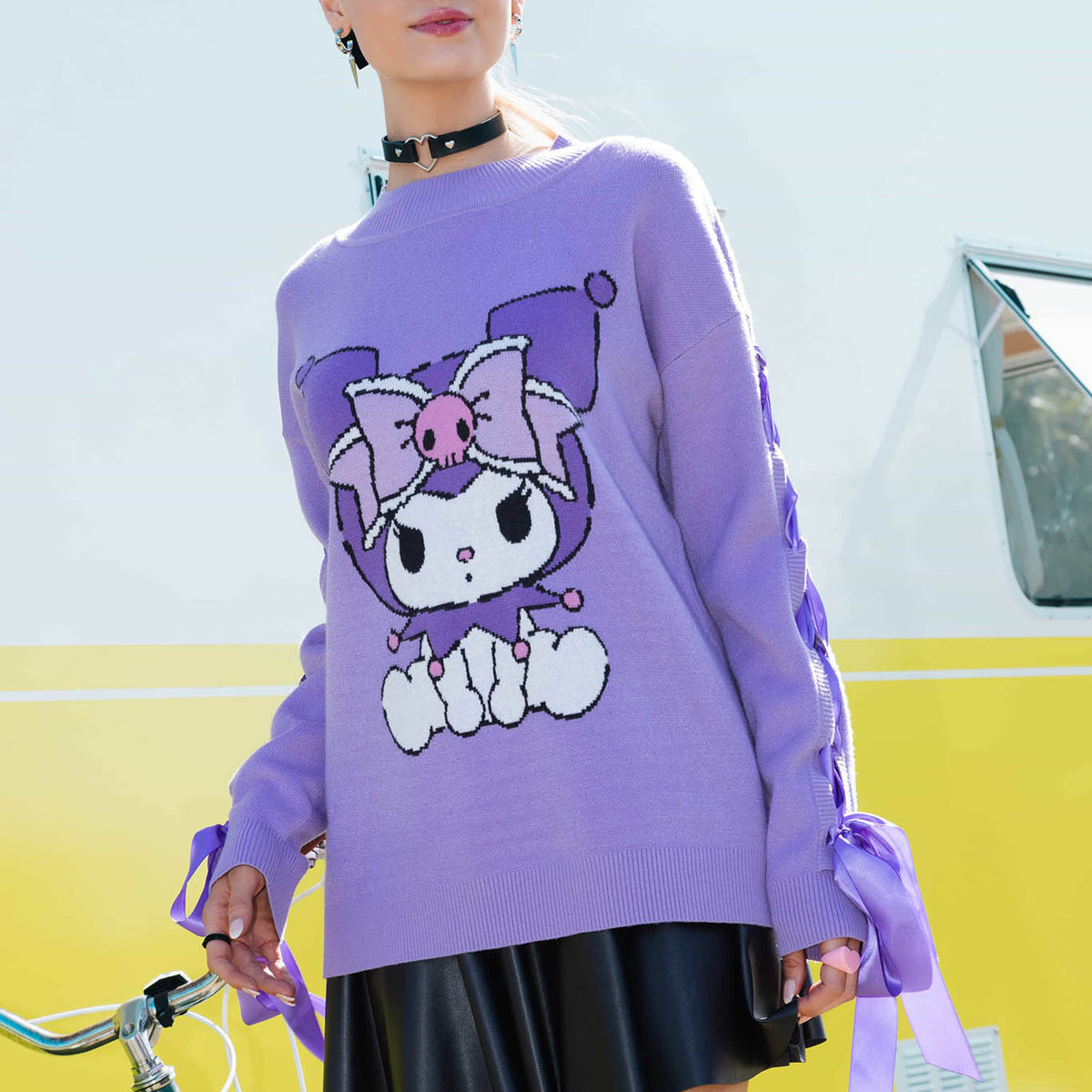 Kuromi Oversized Knit Bow Sweater Limited BlackMilk Clothing kuromi-oversized-knit-bow-sweater-limited-blackmilk-clothing