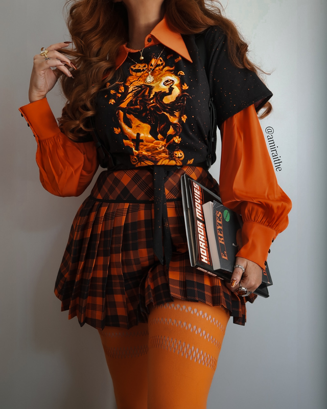 Orange Trick-or-Tartan Woven Pleated Skirt
