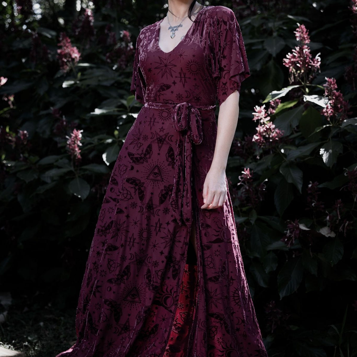 Spell Berry Burned Velvet Kimono Maxi Dress - Limited  BlackMilk Clothing