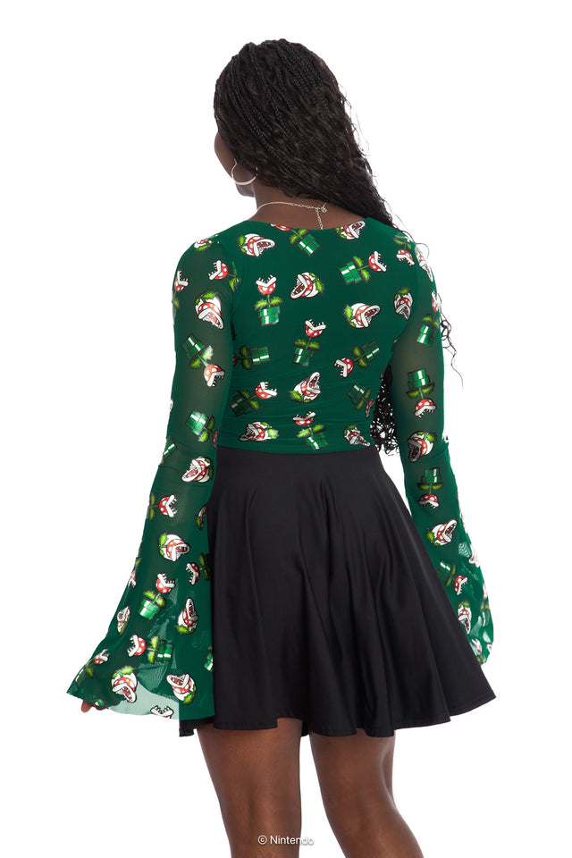 BlackMilk x Super Mario Piranha Plants Sheer Flare Sleeve Top, black sheer top with Piranha Plant graphic and flare sleeves, Super Mario Merchandise, Collaboration apparel, Officially Licensed