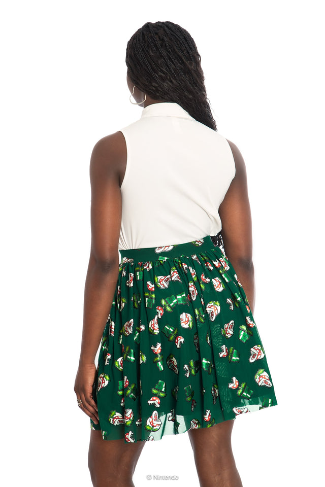 BlackMilk x Super Mario Piranha Plants Sheer Skater Skirt, black sheer skirt with Piranha Plant graphic, Super Mario Merchandise, Collaboration apparel, Officially Licensed