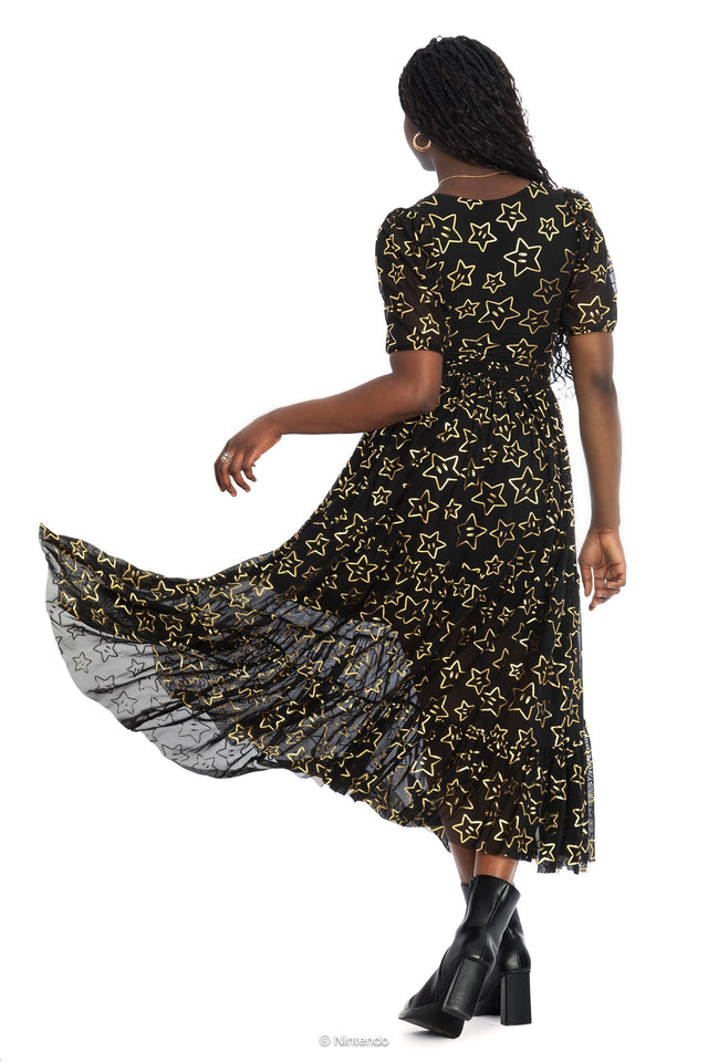 BlackMilk x Super Mario Super Stars Wrap Midaxi Dress, black wrap dress with Super Stars graphic, midaxi length, Super Mario Merchandise, Collaboration apparel, Officially Licensed