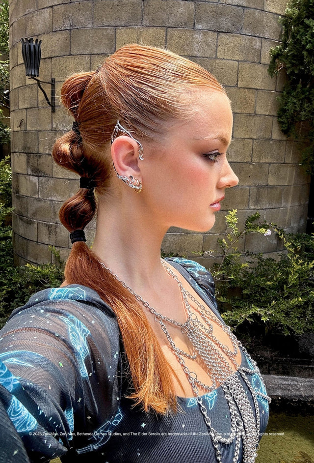Elder Scrolls fashion maxi dress inspired by Aurbis realms with celestial pattern and soft flowing fabric
