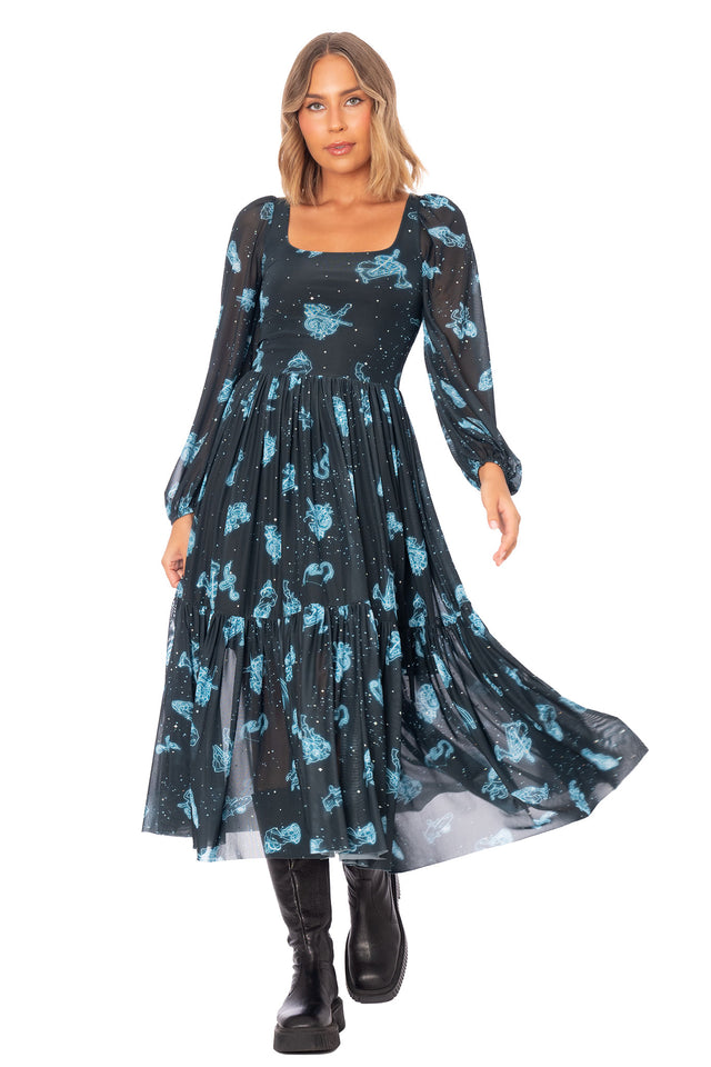 The Elder Scrolls Online fashion inspired dress with cosmic Aurbis print and soft layered mesh design