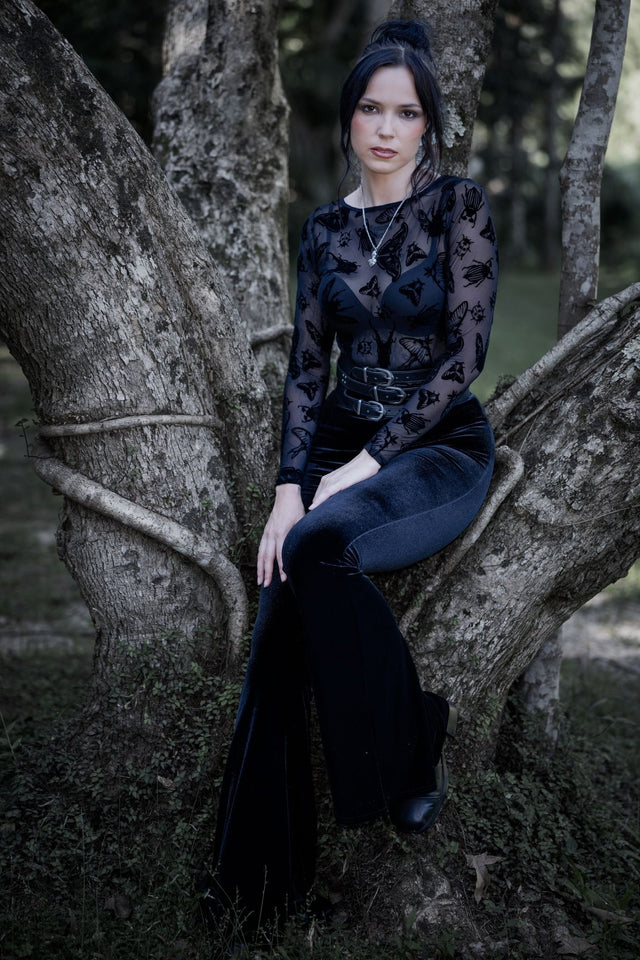 Gothic insect print sheer top with black moth and beetle artwork scattered across delicate mesh fabric. This fantasy witch long sleeve top combines dark fairycore, alternative goth and cottage witch aesthetics for an effortlessly mystical layered look from the Nature of a Witch collection.
