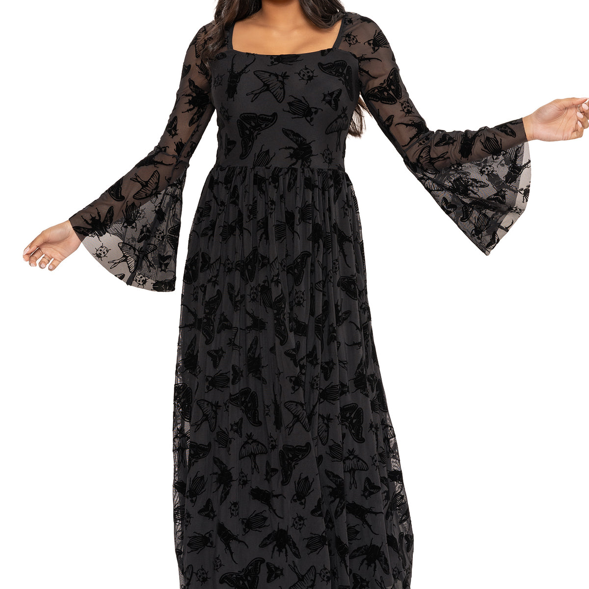 long black dress with flowy sleeves The Swarm Squared Up Flare Sleeve Maxi Dress – BlackMilk Clothing