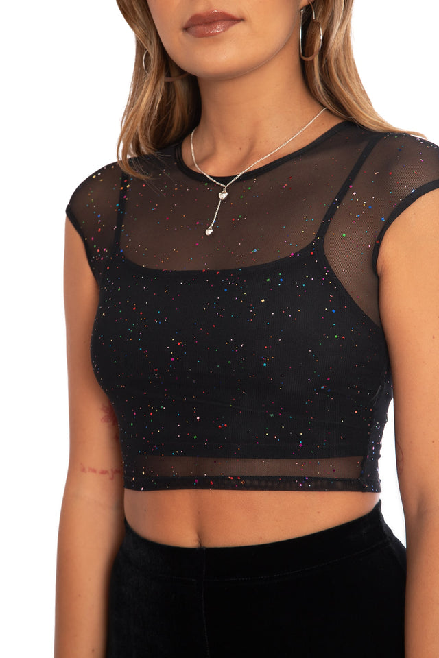 BlackMilk Clothing - Christmas Collection - Wreck The Halls - Twinkle Twinkle Sheer Cap Sleeve Crop