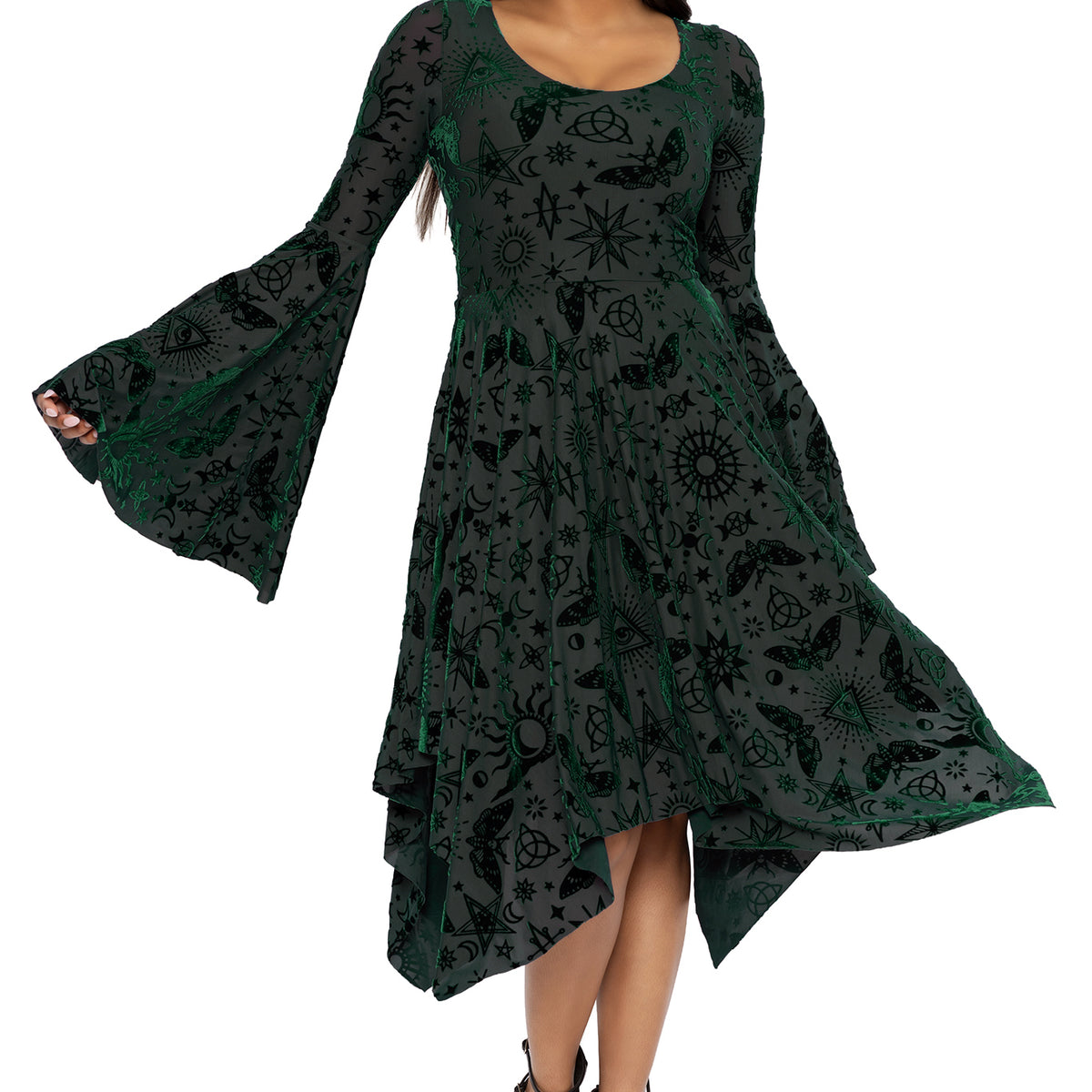 BlackMilk | Spell Pine Burned Velvet Spectre Handkerchief Dress | Green