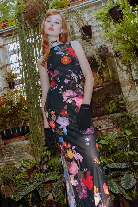 Nymph Garden Sheer Column Maxi Dress