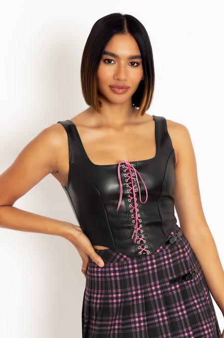 Route 666 Pink Lace Up Corset Top