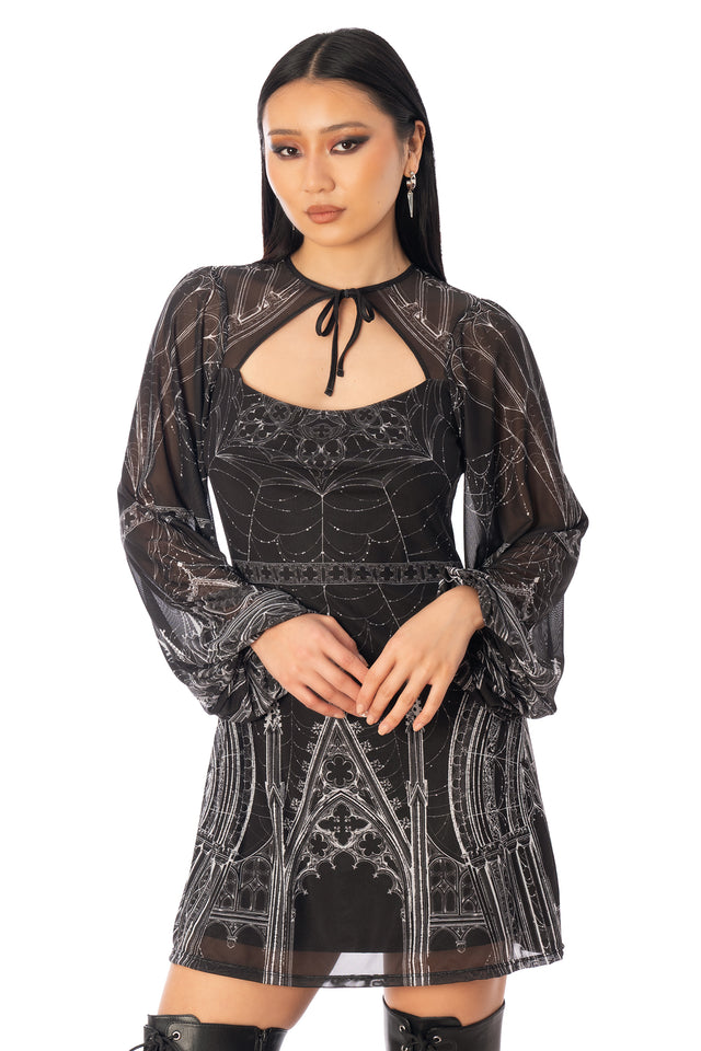 BlackMilk Caught in the Cloisters A-Line Bishop Dress – black gothic cathedral print sheer bishop-sleeve Halloween dress by Ami Raithe, BlackMilk Clothing Halloween collection