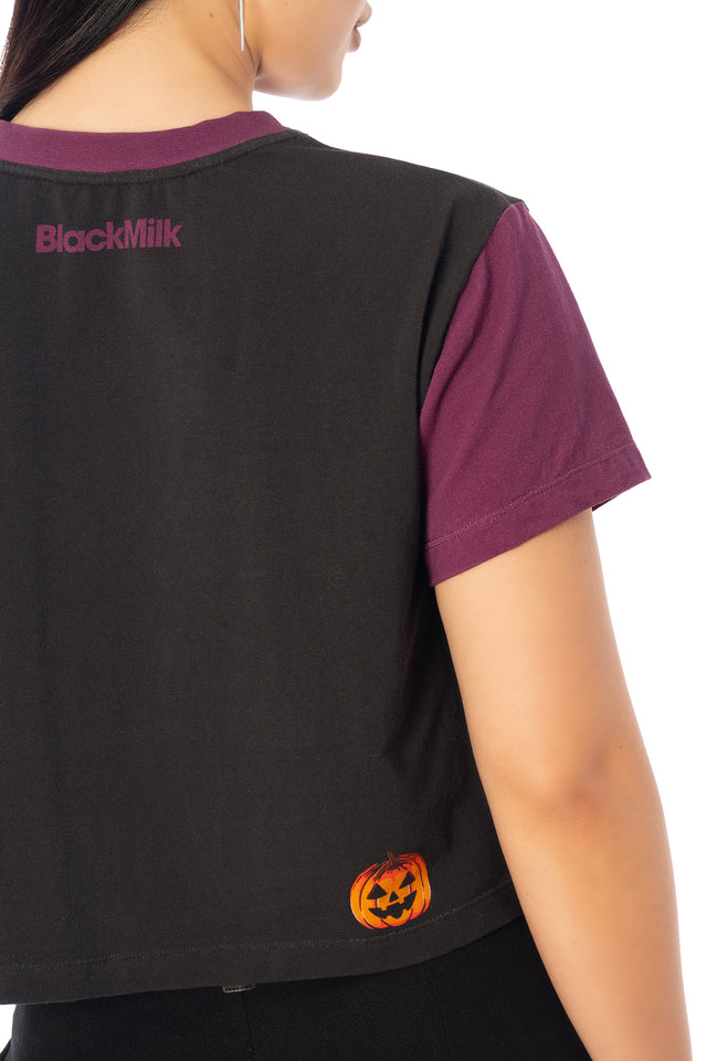 BlackMilk Magic and Mischief Cotton Baby Tee – purple pumpkin and witch print cropped baby tee, part of the BlackMilk Clothing Halloween collection