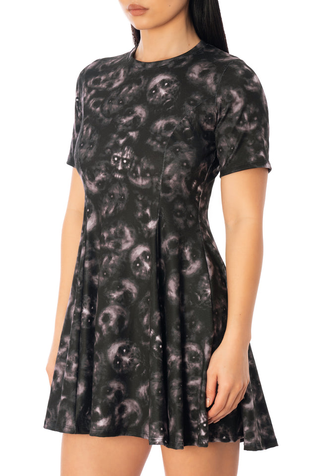 BlackMilk Horror Bound Evil Tee Dress – grey trapped-souls skull print mini Halloween tee dress, part of the BlackMilk Clothing Halloween collection