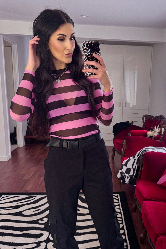 Bubblegum Bandit Sheer High Neck Long Sleeve Top