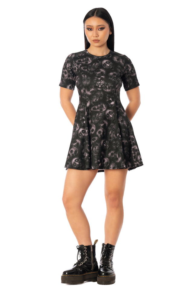 BlackMilk Horror Bound Evil Tee Dress – grey trapped-souls skull print mini Halloween tee dress, part of the BlackMilk Clothing Halloween collection