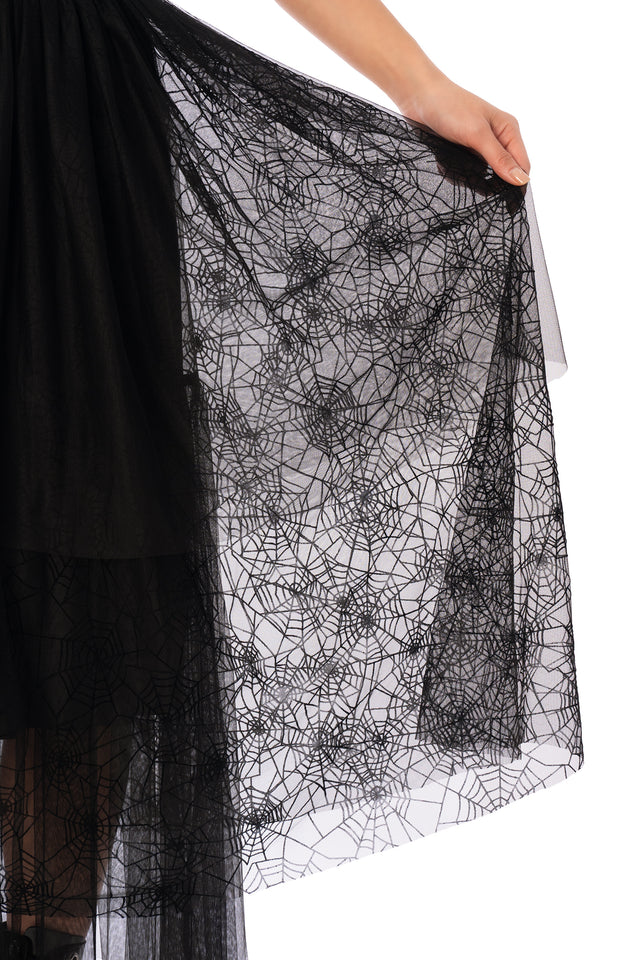 BlackMilk Widow's Weave Tulle Midi Skirt – black spiderweb lace tulle Halloween midi skirt, part of the BlackMilk Clothing Halloween collection