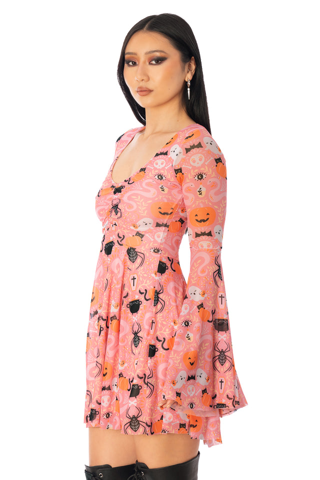 BlackMilk Coven Cutie Princess Spectre Dress – pink ghost and pumpkin print sheer bell-sleeve Halloween dress, part of the BlackMilk Clothing Halloween collection