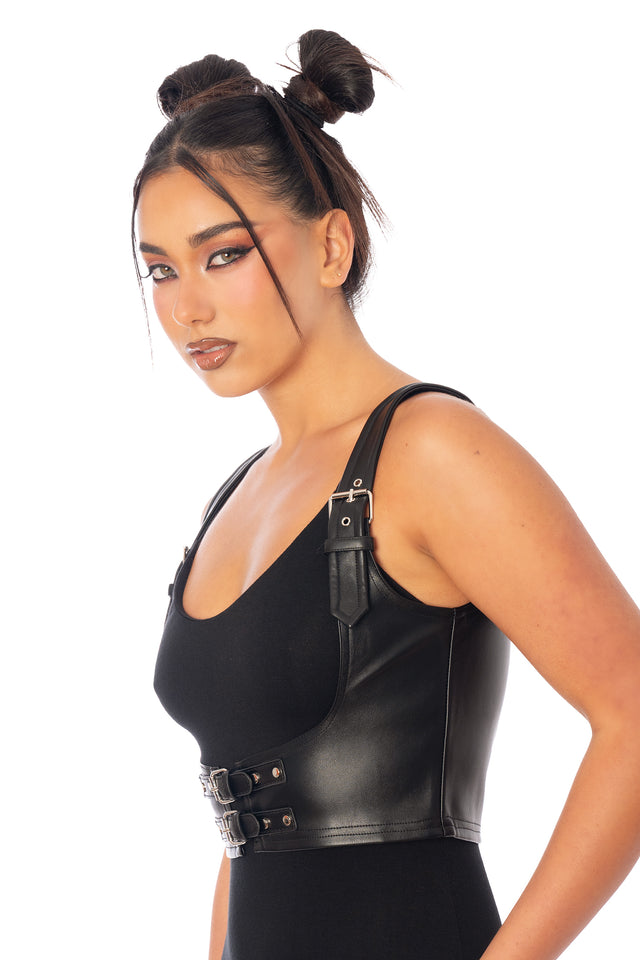 BlackMilk Black and Silver Underbust Corset – gothic Halloween harness-style underbust corset in black vegan leather, part of the BlackMilk Clothing Halloween collection