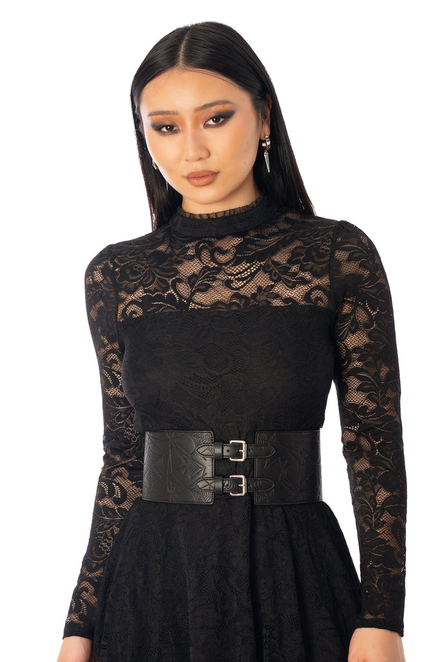 BlackMilk Waist Weaver Tie It Up Corset Belt – black embossed spiderweb vegan leather Halloween corset belt, part of the BlackMilk Clothing Halloween collection