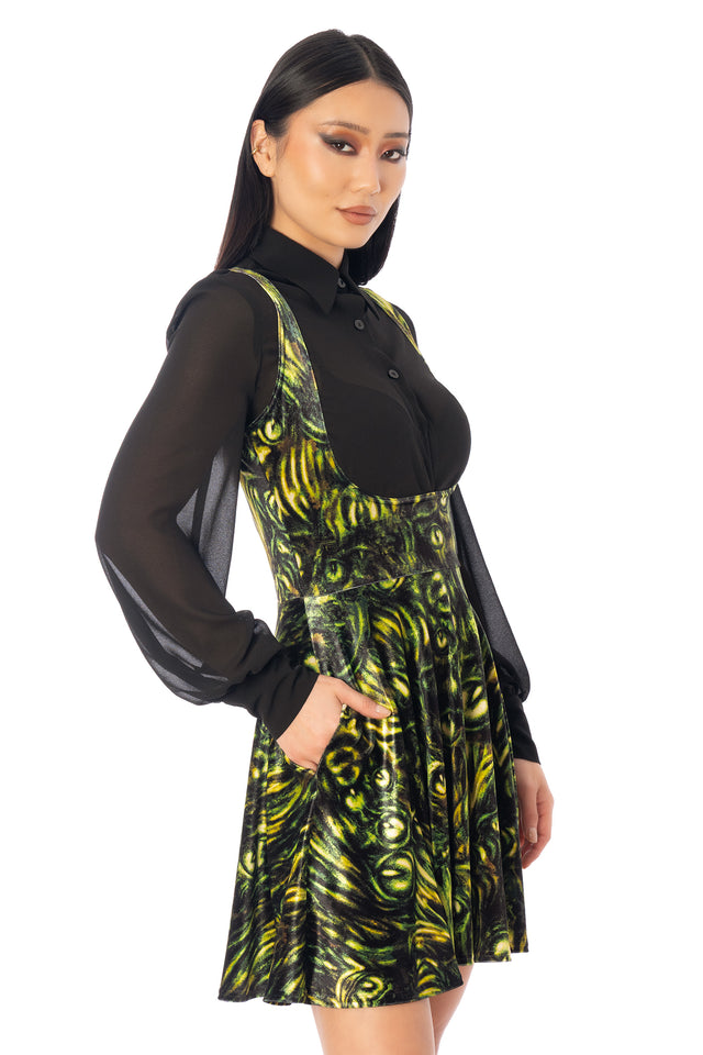 BlackMilk Mesmereyes Velvet Underbust Dress – green hypnotic eyeball print velvet Halloween underbust dress, part of the BlackMilk Clothing Halloween collection