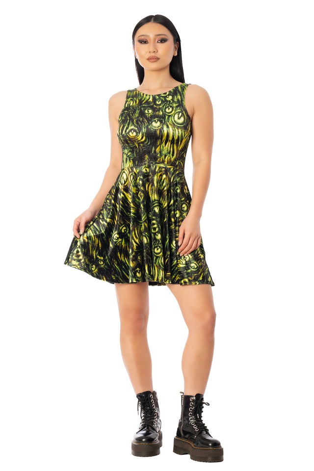 BlackMilk Mesmereyes Velvet Underbust Dress – green hypnotic eyeball print velvet Halloween underbust dress, part of the BlackMilk Clothing Halloween collection