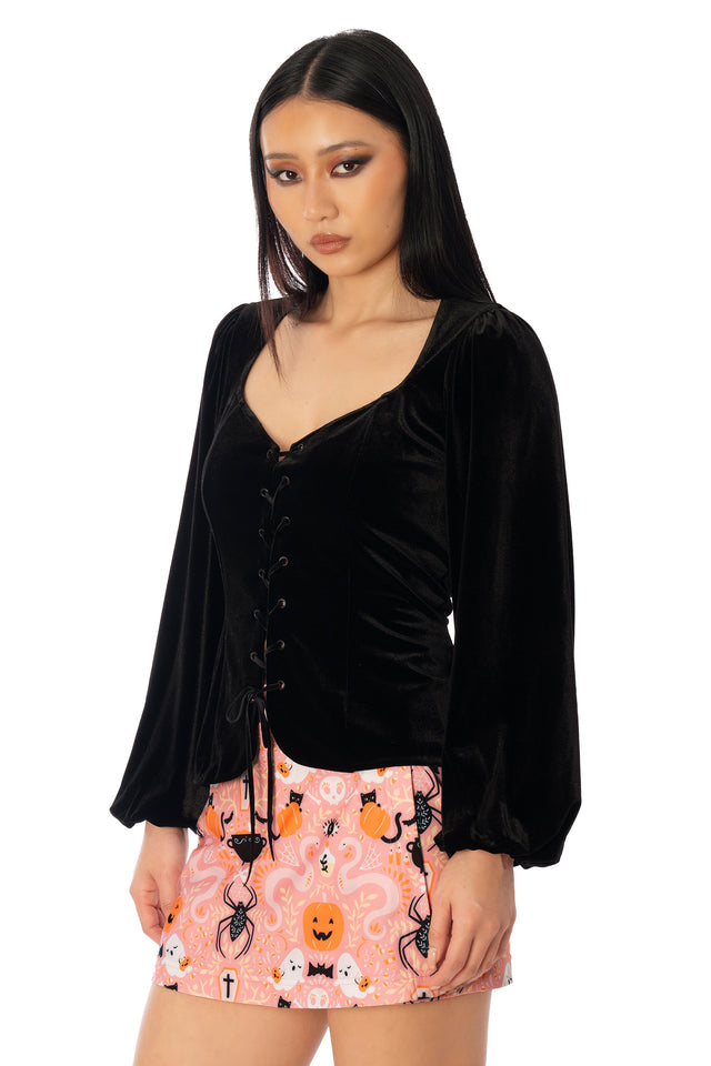 BlackMilk Black Velvet Lace Up Long Sleeve Juliet Top – black gothic romance velvet lace-up puff sleeve Halloween top, part of the BlackMilk Clothing Halloween collection