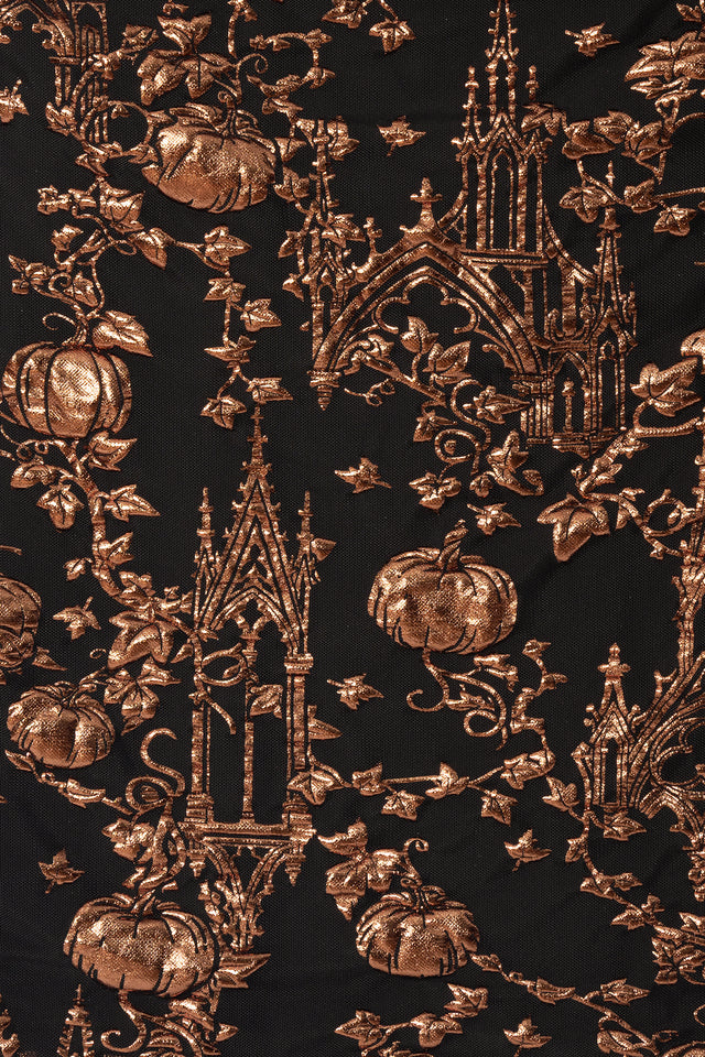 BlackMilk Gourd Gracious Squared Up Bell Sleeve Maxi Dress – orange gothic pumpkin cathedral print bell-sleeve Halloween maxi dress by Ami Raithe, BlackMilk Clothing Halloween collection