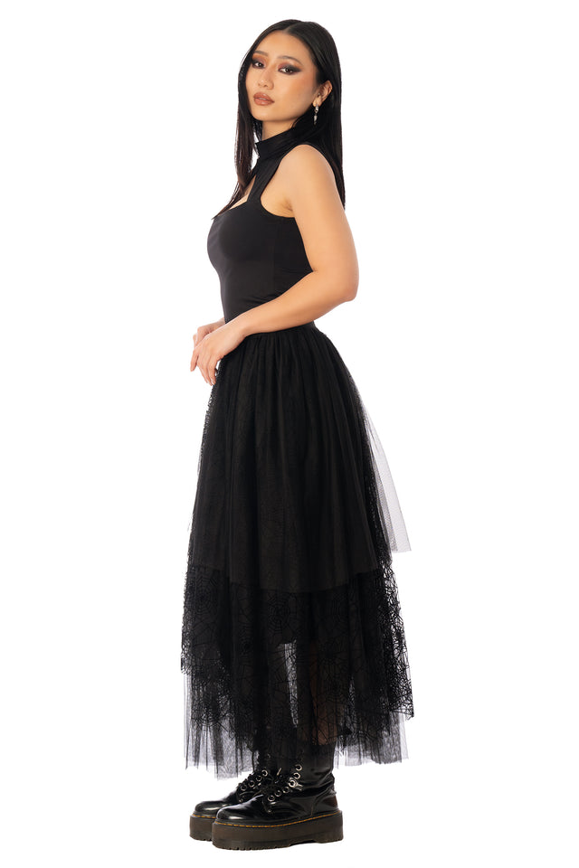 BlackMilk Widow's Weave Tulle Midi Skirt – black spiderweb lace tulle Halloween midi skirt, part of the BlackMilk Clothing Halloween collection