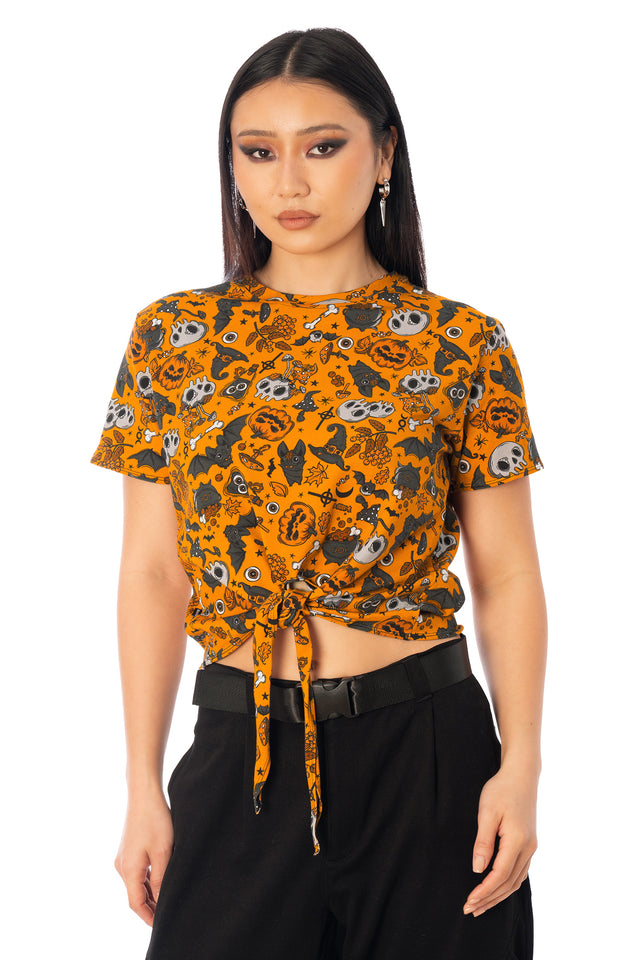 BlackMilk Bat to the Bone Cotton Tie Front Tee – orange Halloween skull, bat and pumpkin print tie-front tee, part of the BlackMilk Clothing Halloween collection