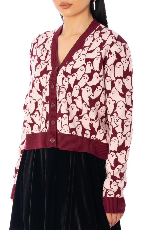 BlackMilk Cutie-Patooohtie Knit Cardigan – pink ghost print cropped Halloween knit cardigan, part of the BlackMilk Clothing Halloween collection