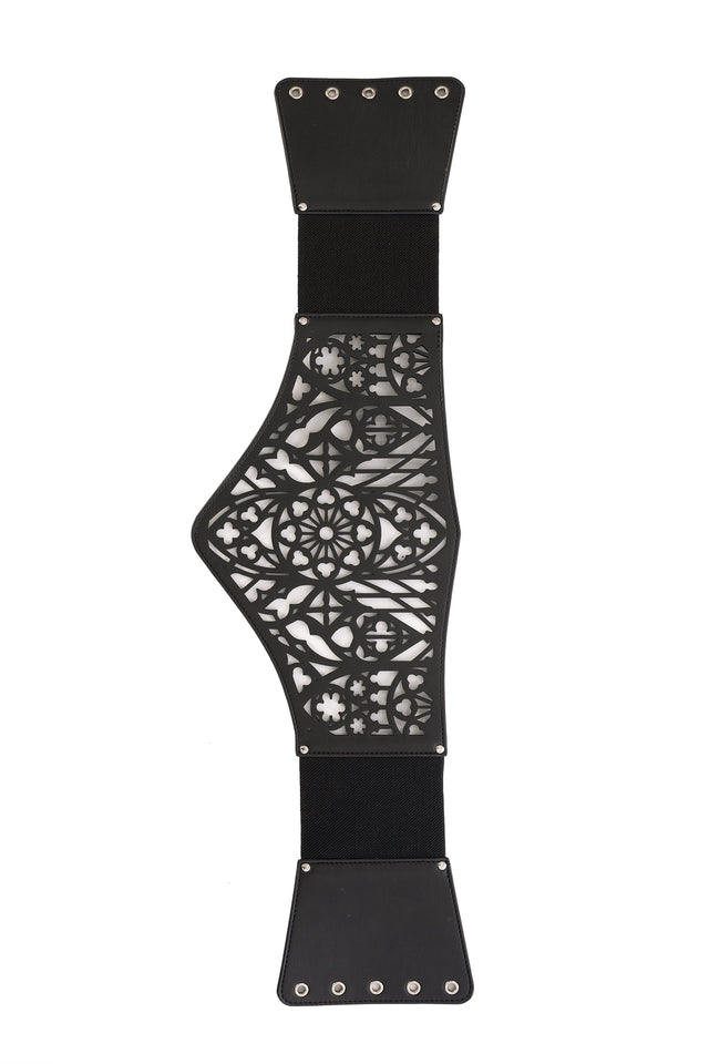BlackMilk Gothic Gate Lace It Corset – black gothic cathedral print lace-up Halloween corset belt, part of the BlackMilk Clothing Halloween collection