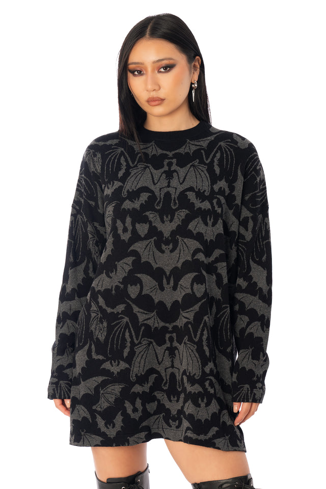BlackMilk Gone Batty Lightweight Oversized Crew Knit – black bat print unisex slouchy Halloween knit sweater, part of the BlackMilk Clothing Halloween collection