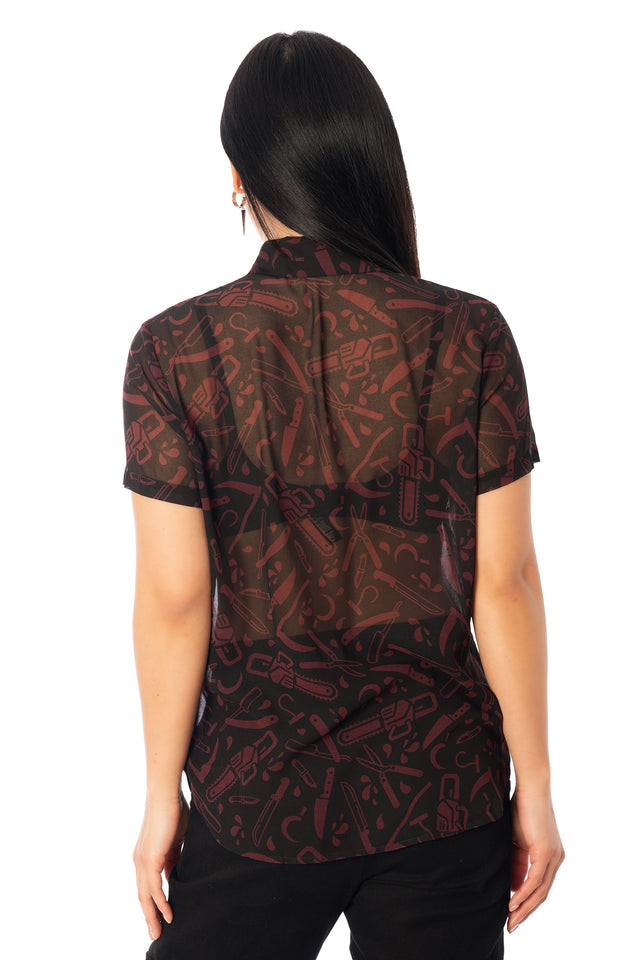 BlackMilk Slasher Cute as a Button Shirt – black horror slasher weapon print button-up Halloween shirt, part of the BlackMilk Clothing Halloween collection