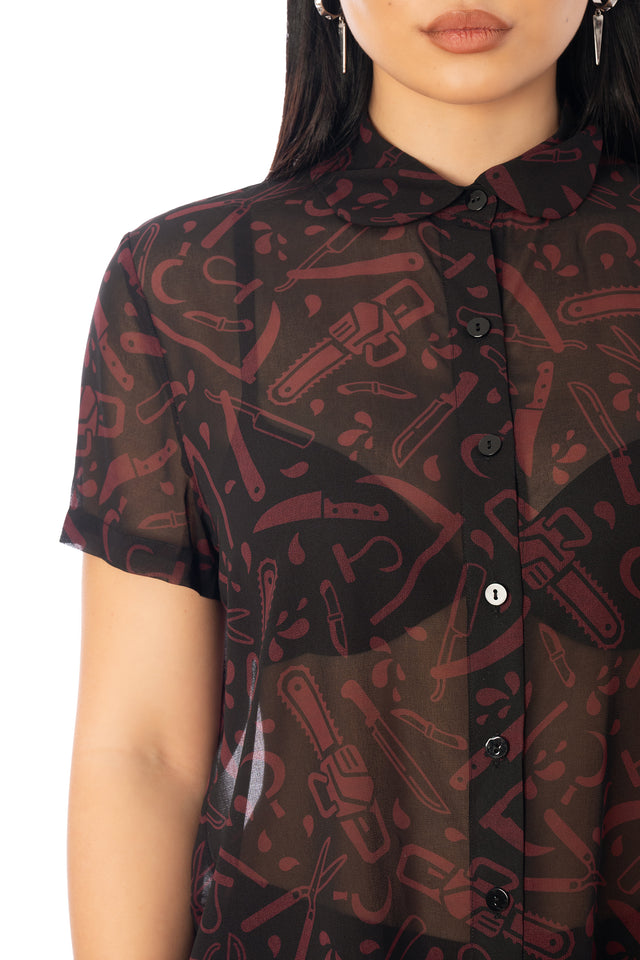 BlackMilk Slasher Cute as a Button Shirt – black horror slasher weapon print button-up Halloween shirt, part of the BlackMilk Clothing Halloween collection