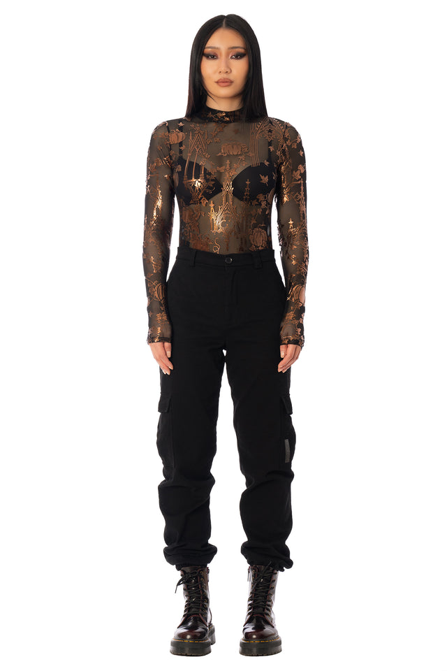 BlackMilk Gourd Gracious Sheer High Neck Long Sleeve Bodysuit – orange gothic cathedral pumpkin print sheer mesh Halloween bodysuit by Ami Raithe, BlackMilk Clothing Halloween collection