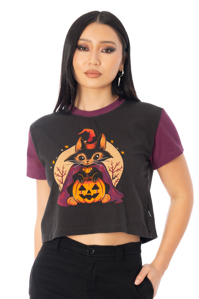 BlackMilk Magic and Mischief Cotton Baby Tee – purple pumpkin and witch print cropped baby tee, part of the BlackMilk Clothing Halloween collection